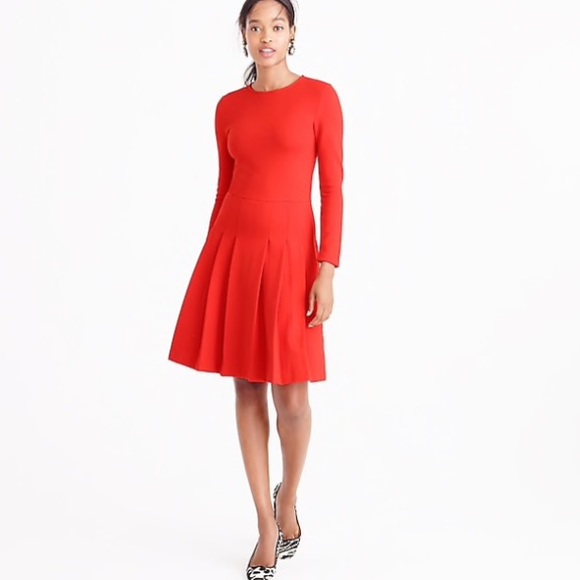 J. Crew Dresses & Skirts - j. crew Red Pleated Ponte Fit Flare Long Slv Dress